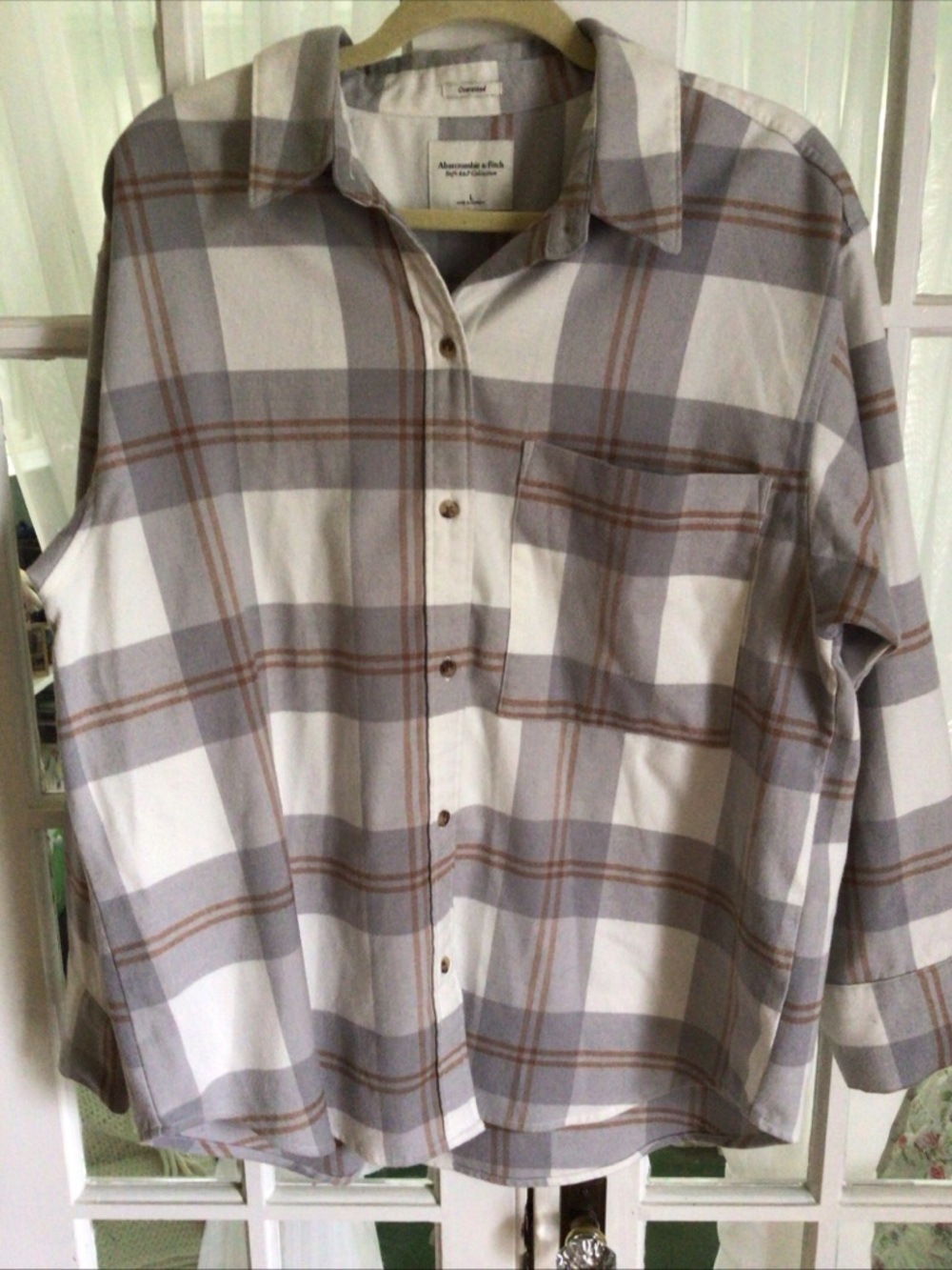 Abercrombie & Fitch Soft  Gray and Brown Plaid Button-Down Shirt Oversized Sz. L
